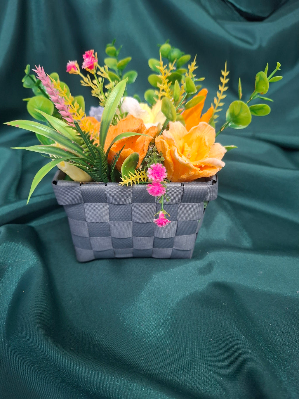 Artificial Flower Box Arrangement In Gray Woven Box