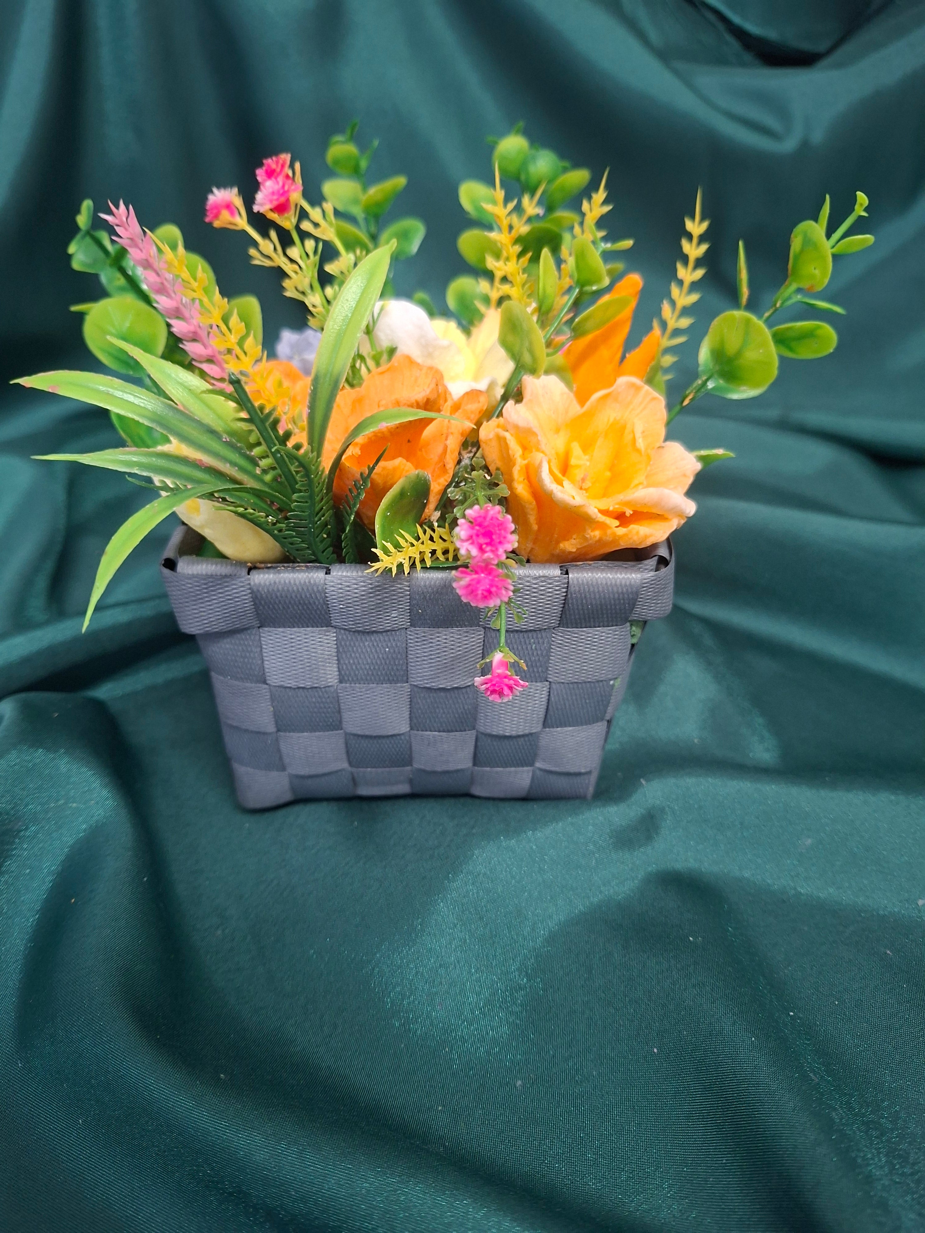 Artificial Flower Box Arrangement In Gray Woven Box