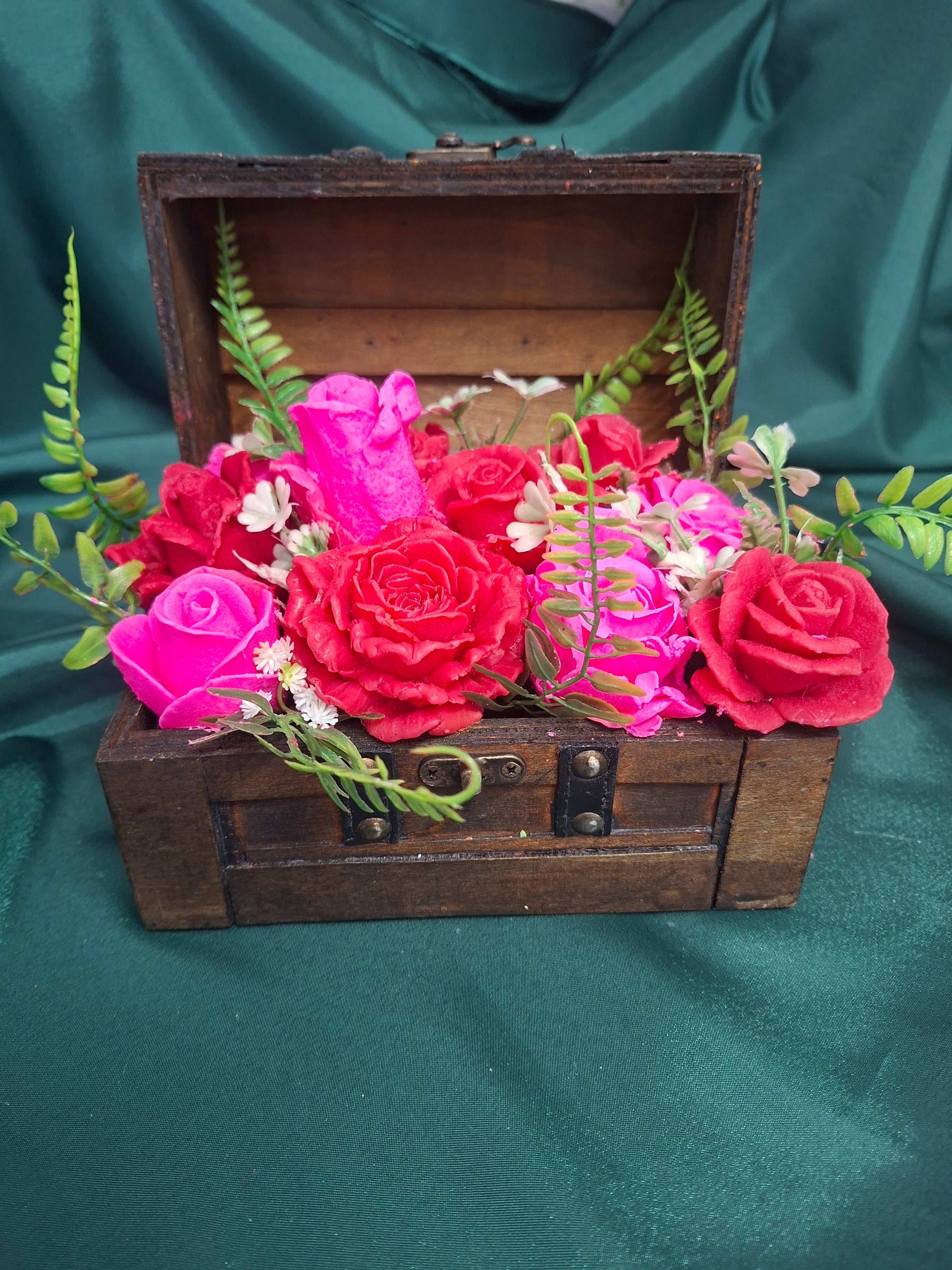 Vintage Wooden Chest Floral Arrangement Artificial Pink Red Roses Bouquet