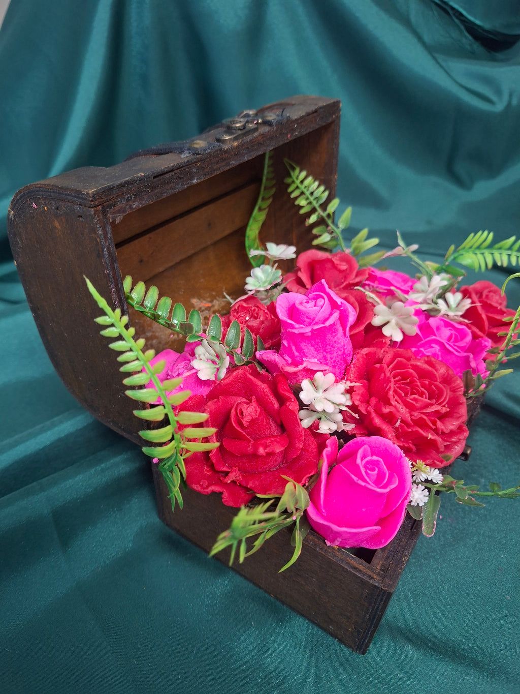 Vintage Wooden Chest Floral Arrangement Artificial Pink Red Roses Bouquet