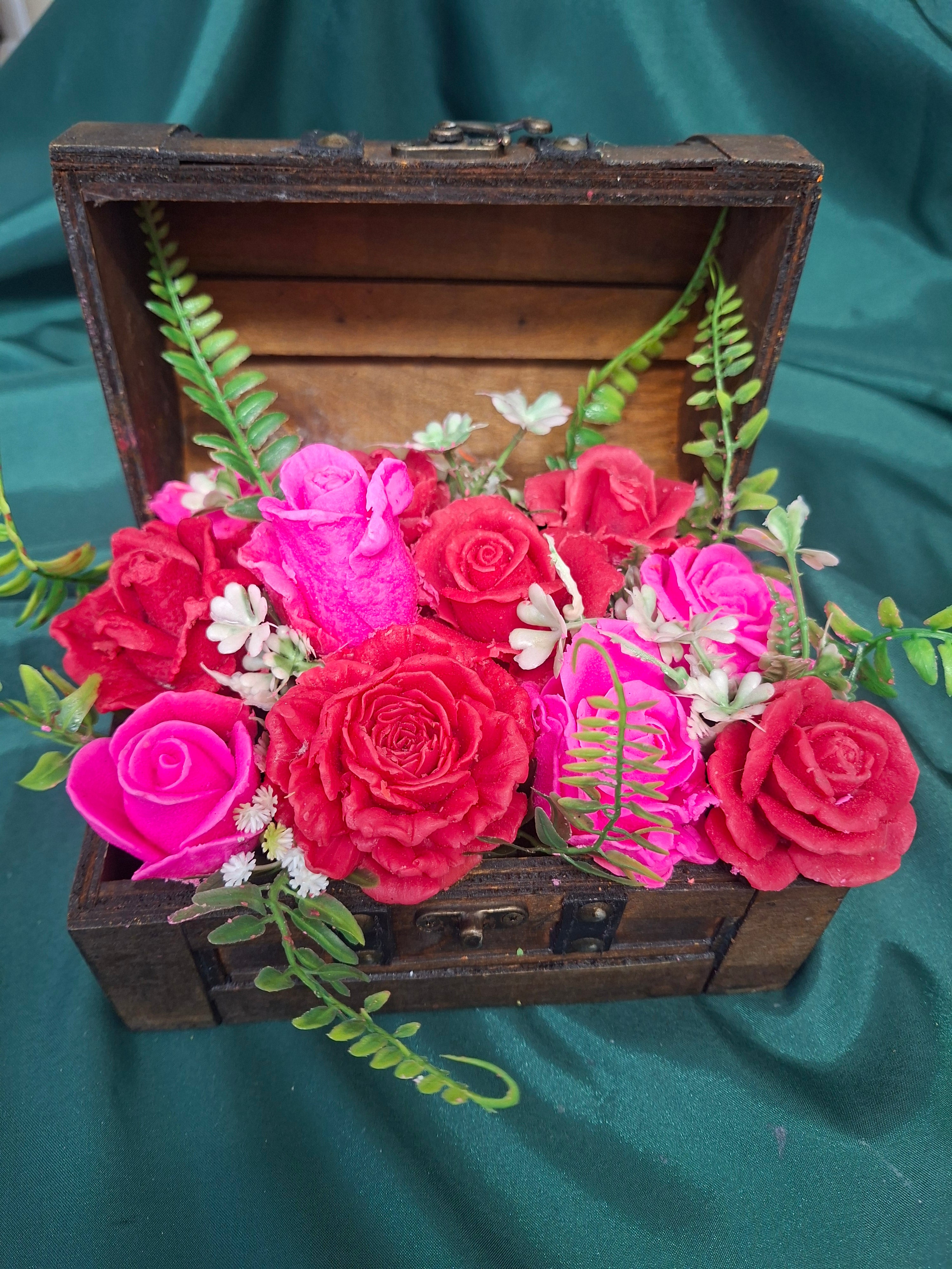Vintage Wooden Chest Floral Arrangement Artificial Pink Red Roses Bouquet