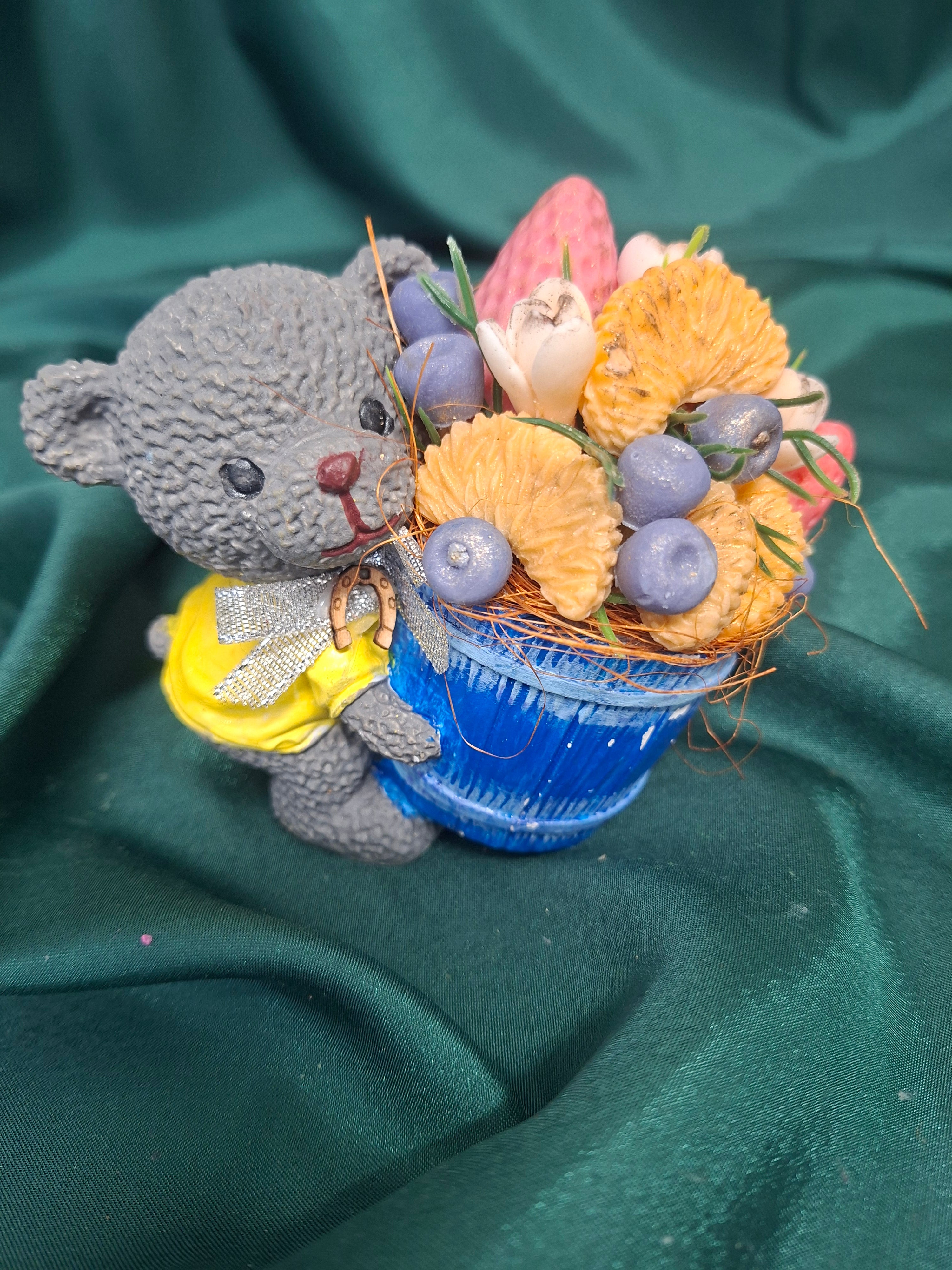 Artificial Flower Bouquet In Blue Pot With Decorative Mouse Figurine