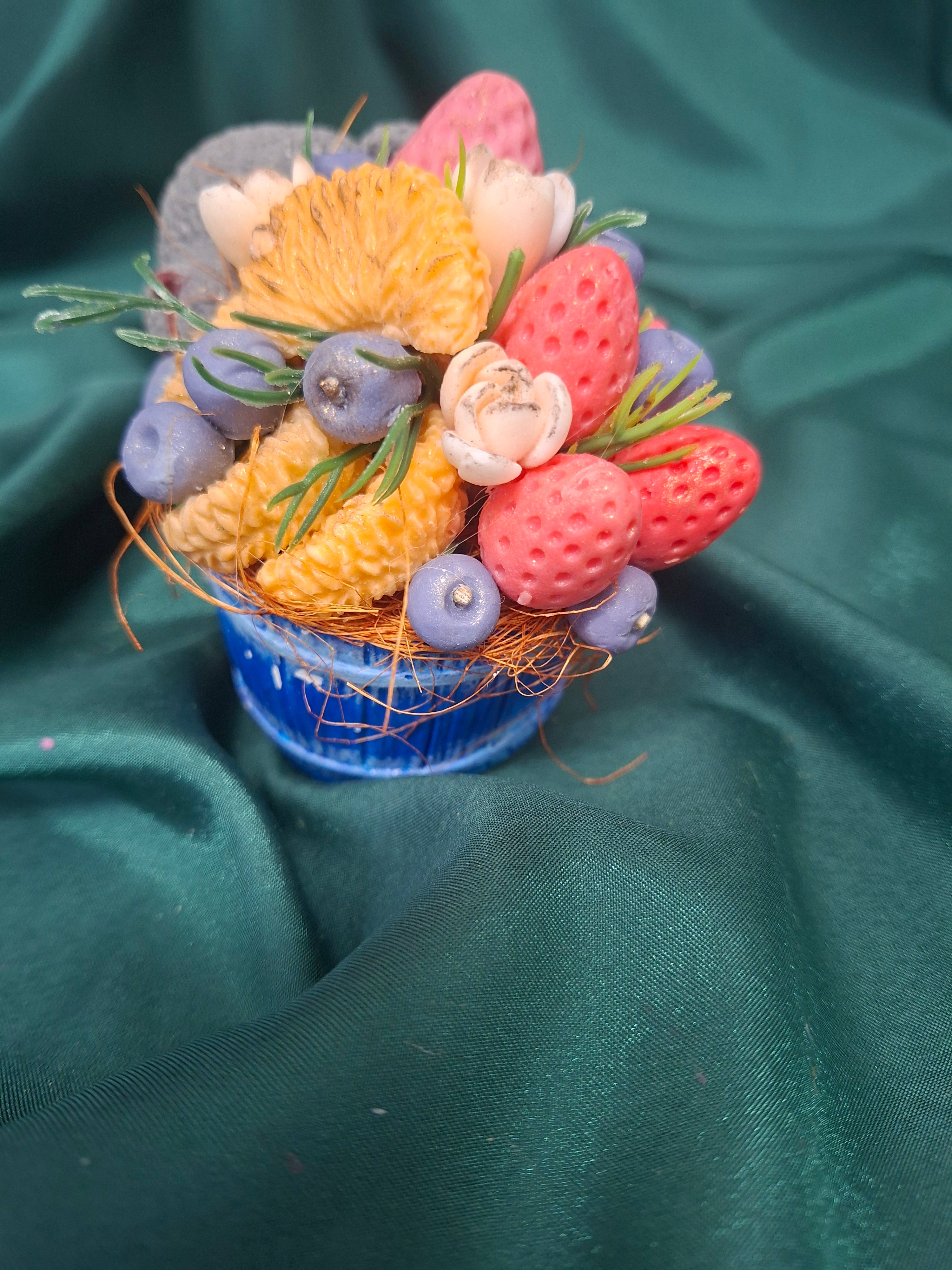 Artificial Flower Bouquet In Blue Pot With Decorative Mouse Figurine