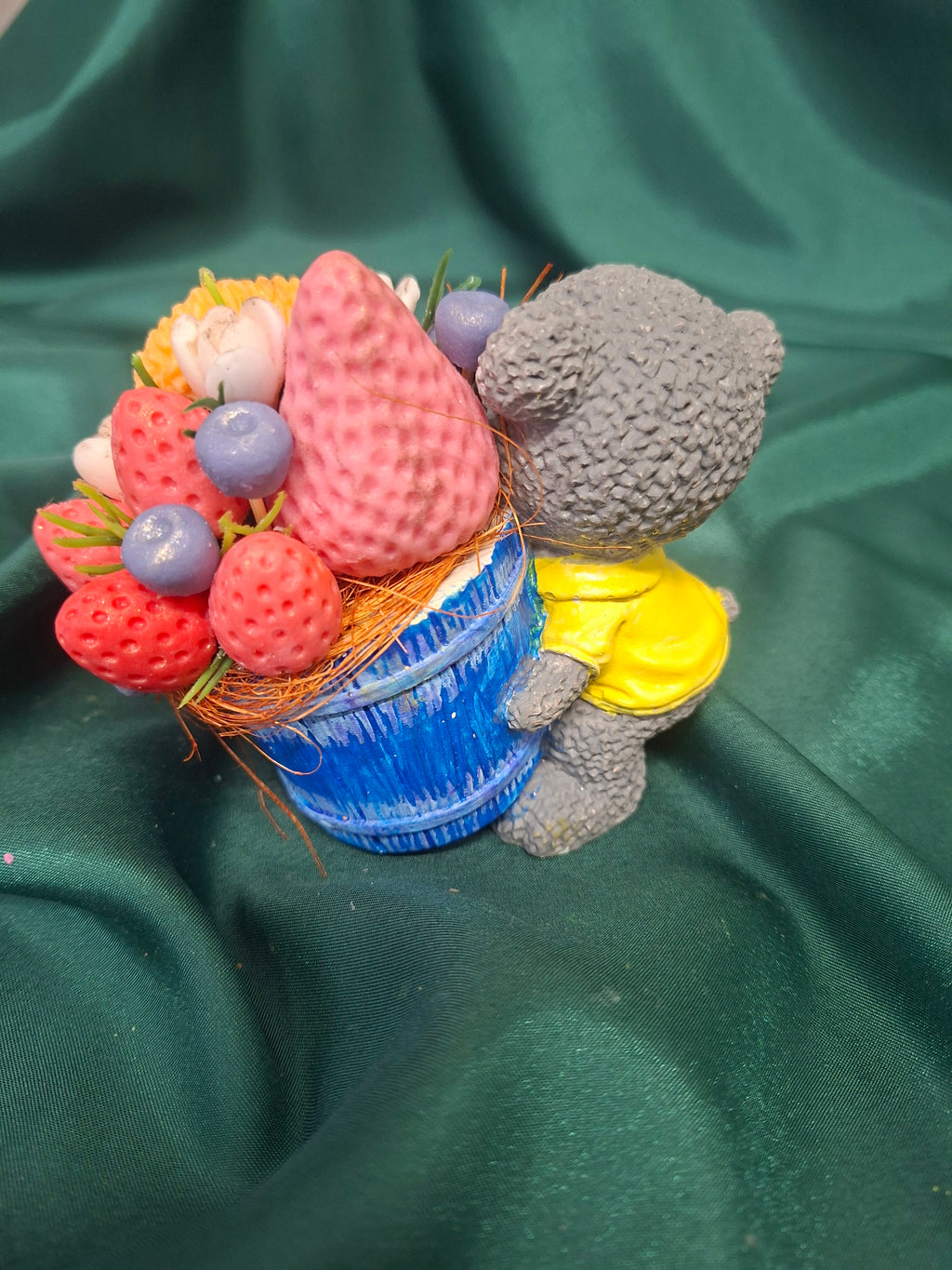 Artificial Flower Bouquet In Blue Pot With Decorative Mouse Figurine
