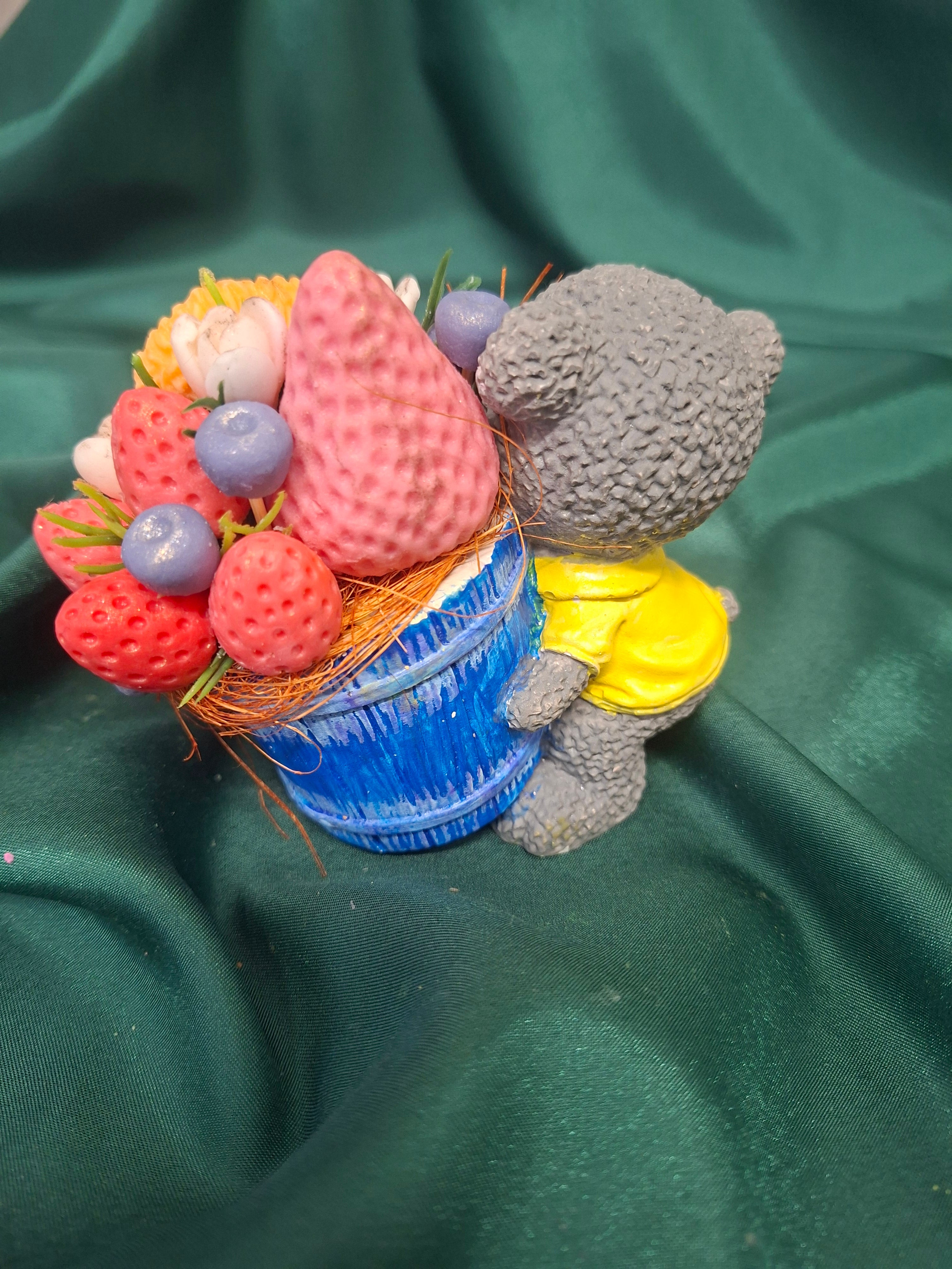 Artificial Flower Bouquet In Blue Pot With Decorative Mouse Figurine