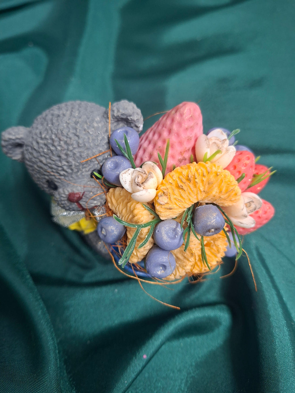 Artificial Flower Bouquet In Blue Pot With Decorative Mouse Figurine