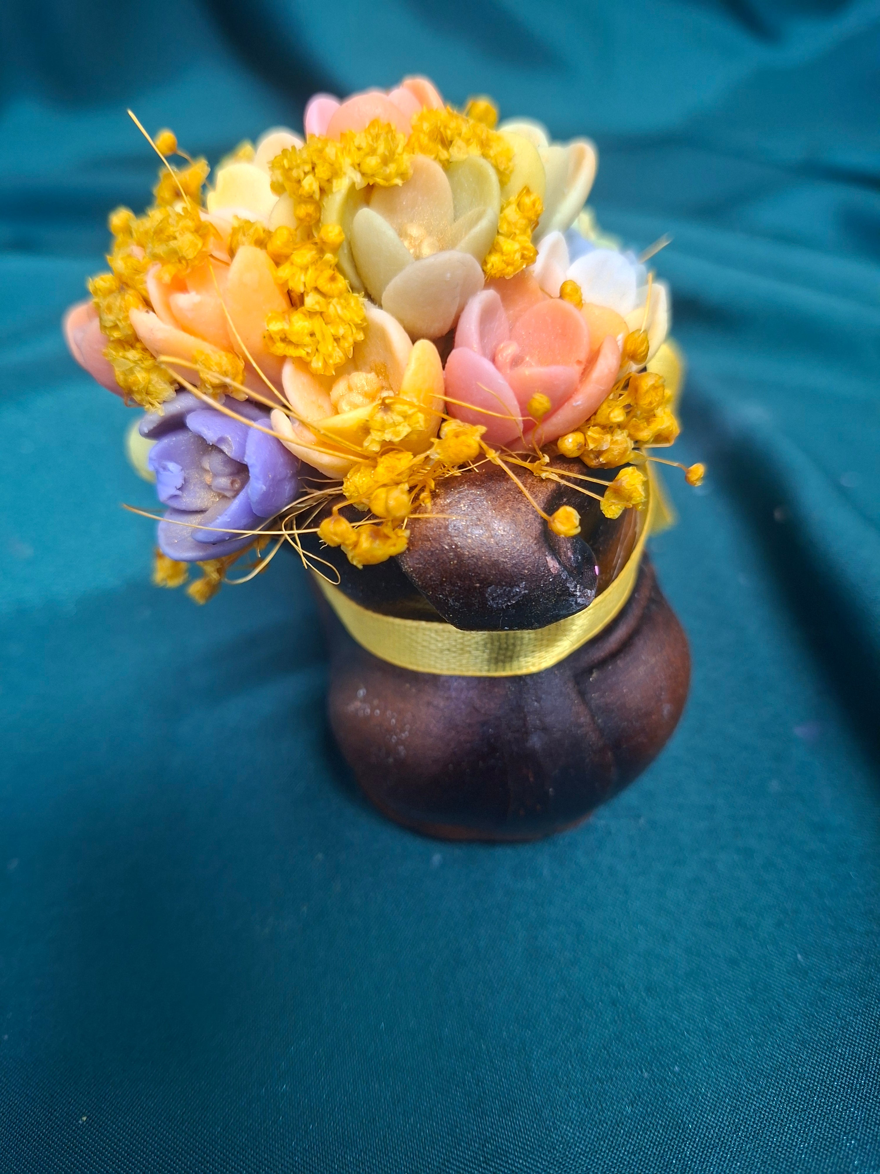 Artificial Flower Bouquet in Rustic Boot Vase with Yellow Ribbon
