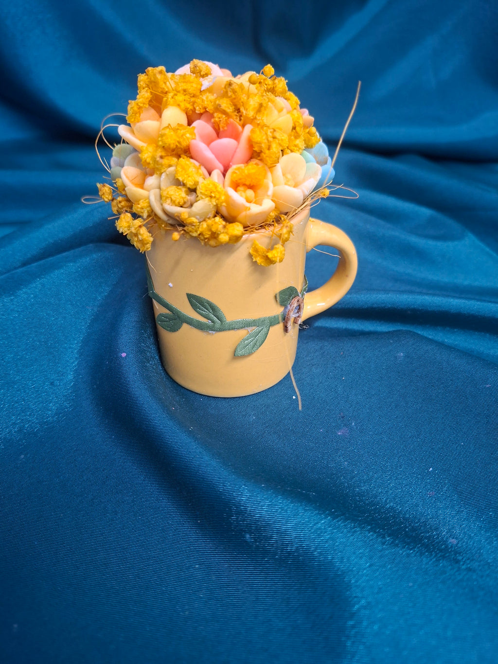 Artificial Floral Mug Arrangement Yellow Blooms In Ceramic Cup Gift