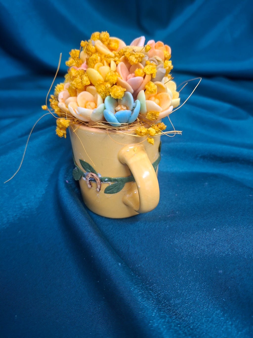 Artificial Floral Mug Arrangement Yellow Blooms In Ceramic Cup Gift