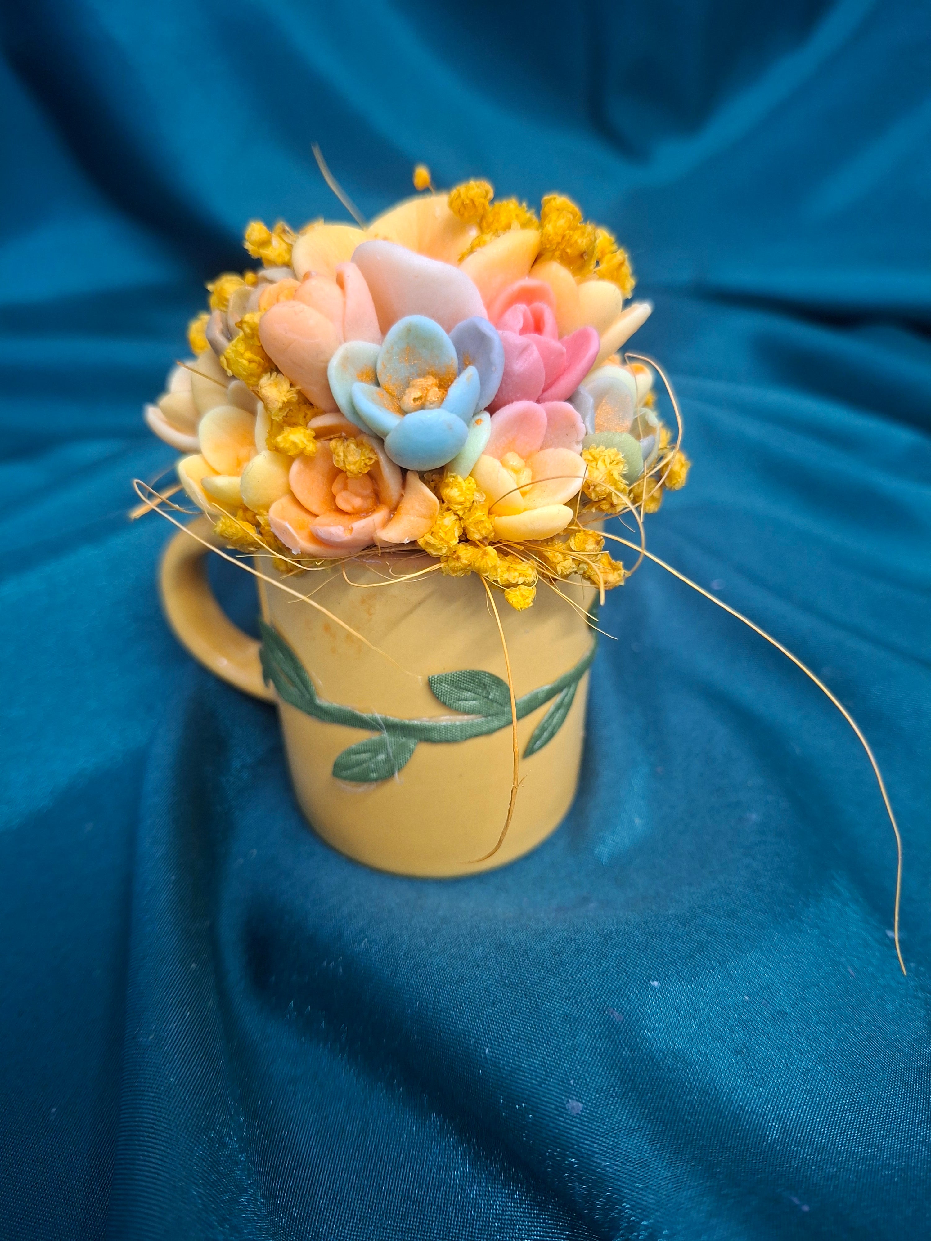Artificial Floral Mug Arrangement Yellow Blooms In Ceramic Cup Gift