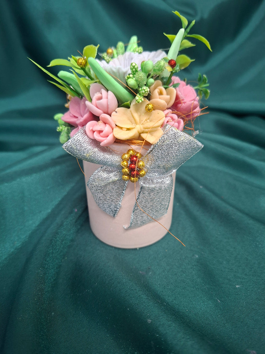Artificial Flower Box Bouquet In Pink Container With Silver Bow Gift Box