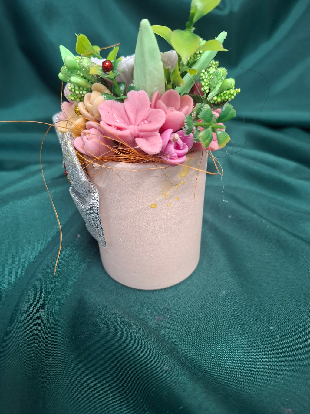 Artificial Flower Box Bouquet In Pink Container With Silver Bow Gift Box