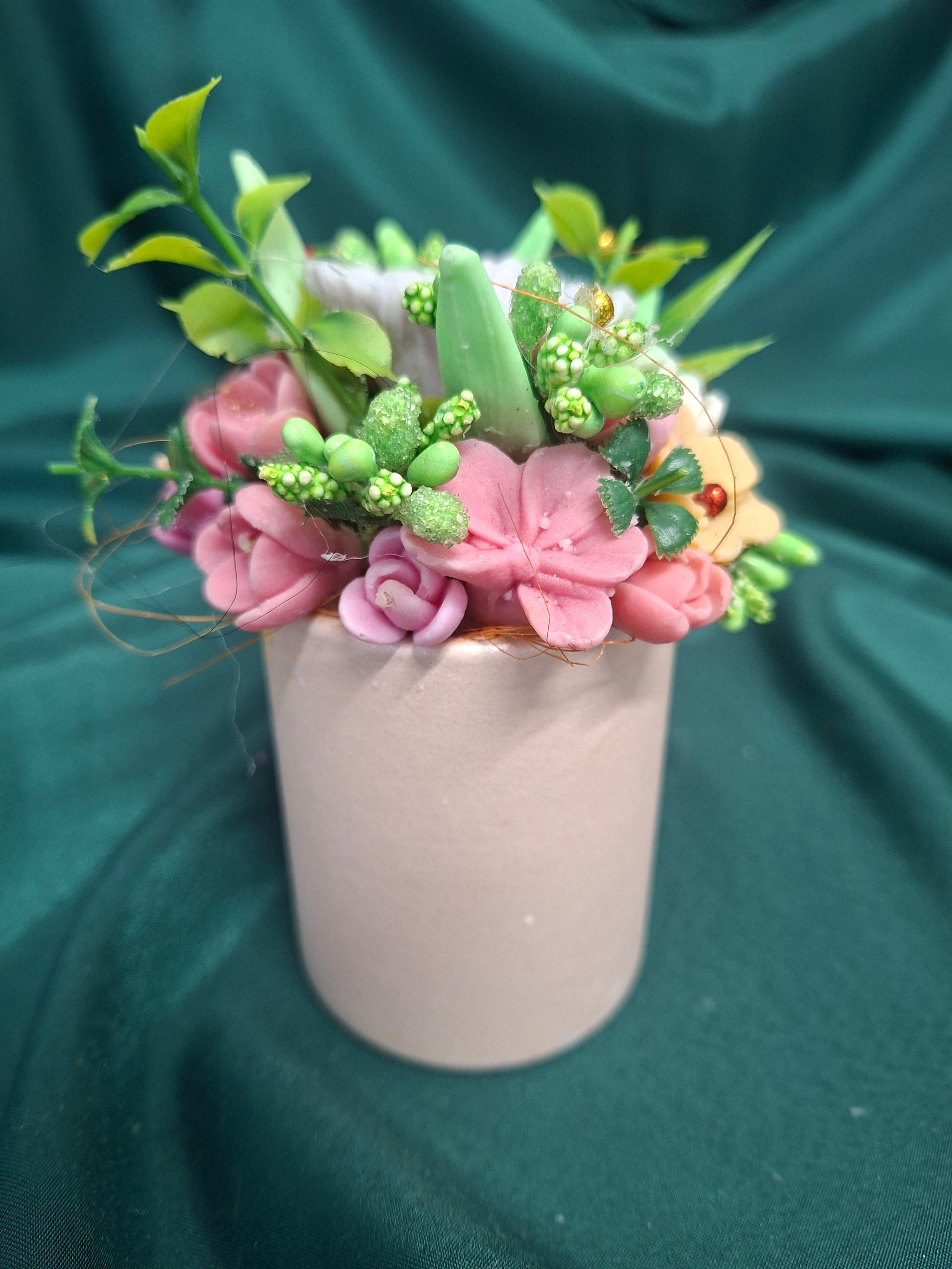 Artificial Flower Box Bouquet In Pink Container With Silver Bow Gift Box