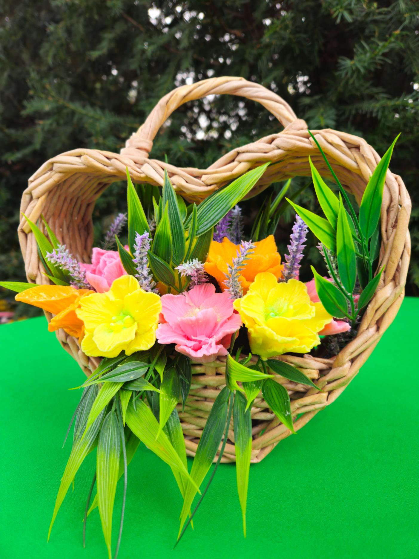 Woven Harmony Basket | Handcrafted Soap Floral Arrangement