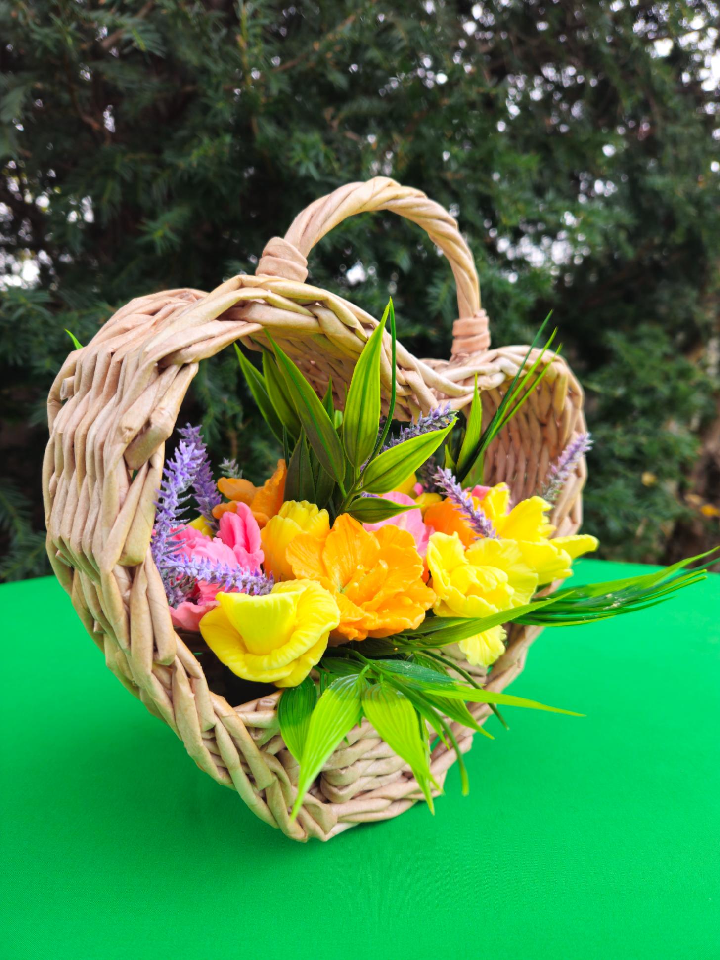 Woven Harmony Basket | Handcrafted Soap Floral Arrangement
