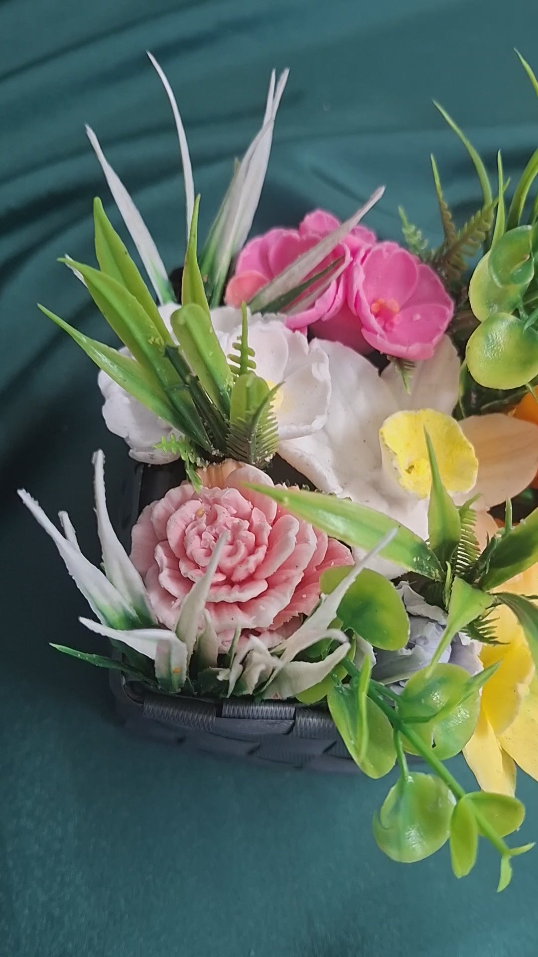 Artificial Flower Arrangement In Gray Woven Gift Box