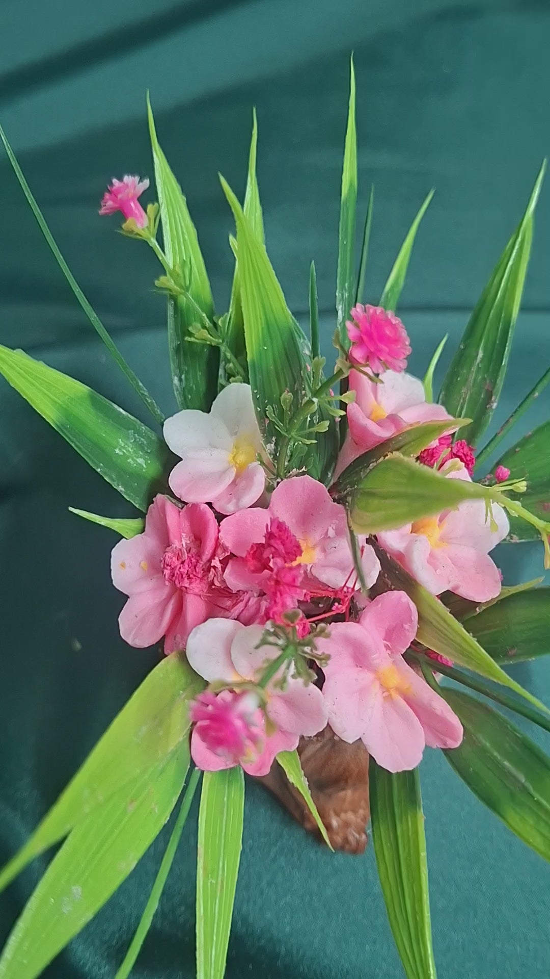Rustic Tree Stump Flower Box With Pink Artificial Blooms