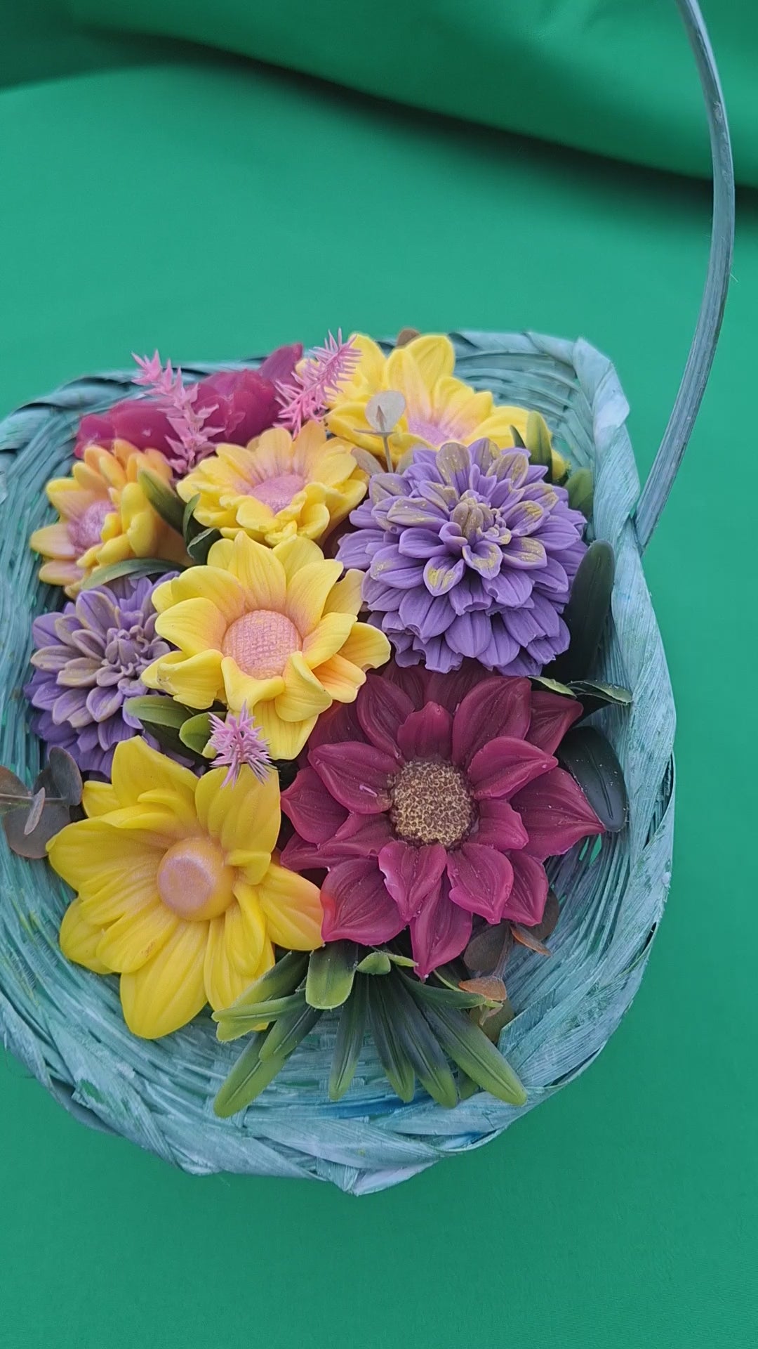 Green Woven Basket With Artificial Flowers For Home And Garden Decor