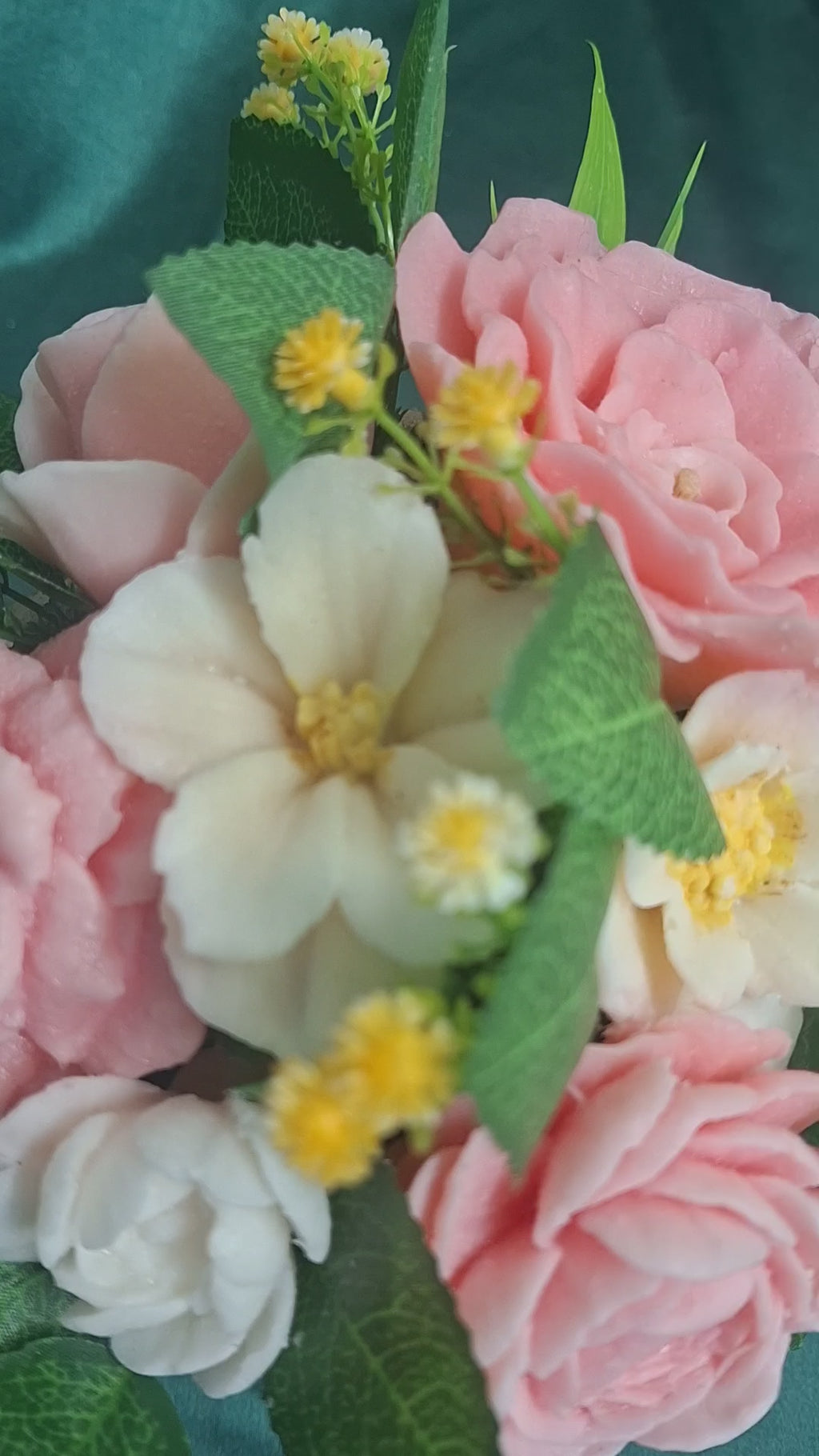 Artificial Pink Rose Bouquet With White Flowers And Greenery In Woven Basket