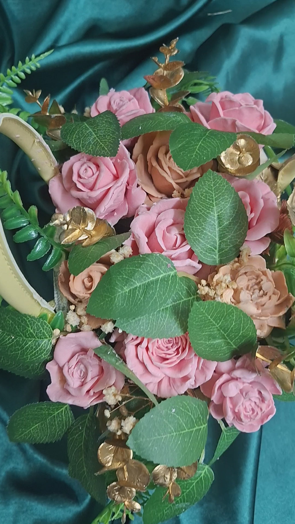 Artificial Woven Basket Floral Arrangement With Pink Roses And Greenery