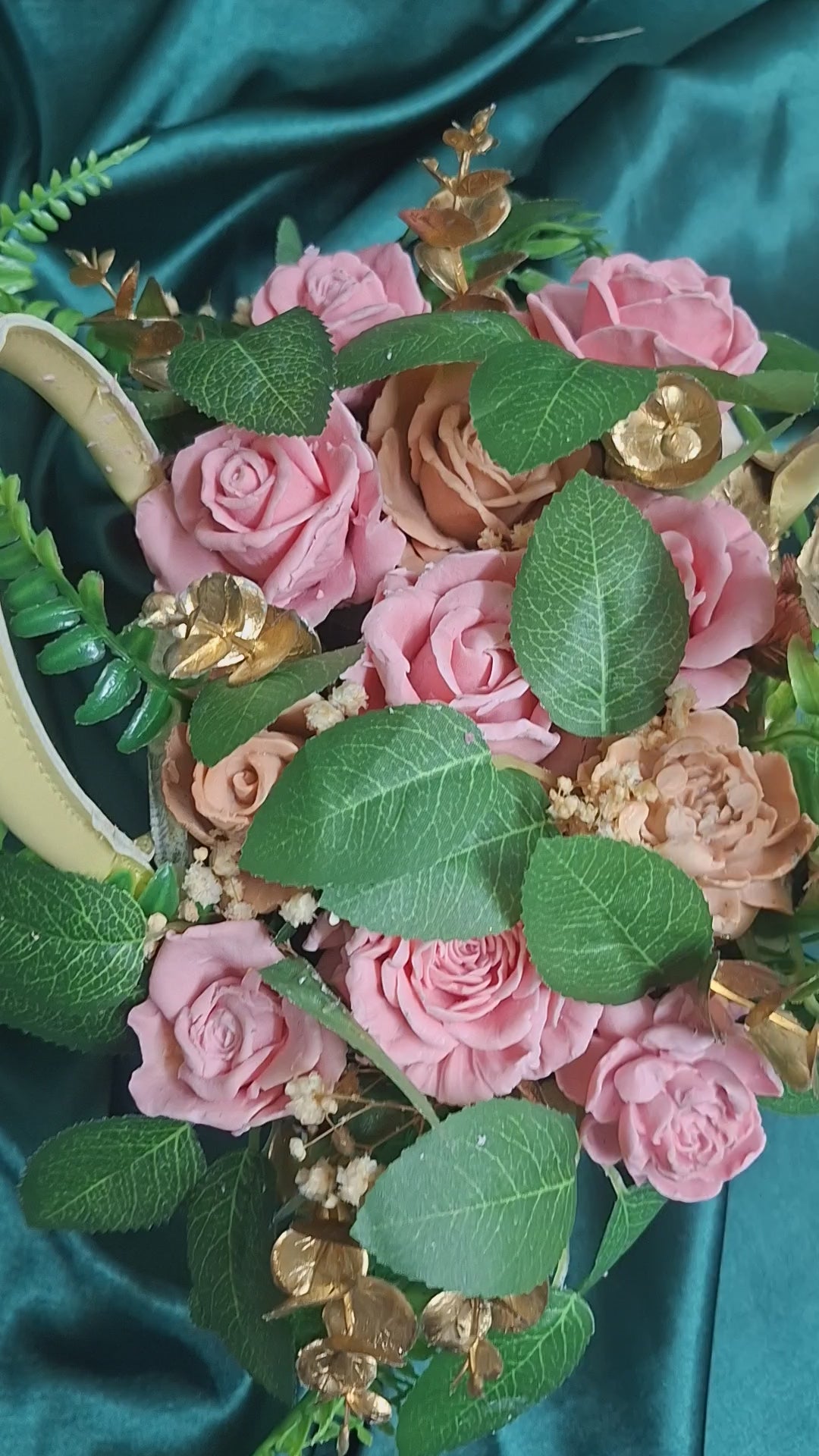 Artificial Woven Basket Floral Arrangement With Pink Roses And Greenery