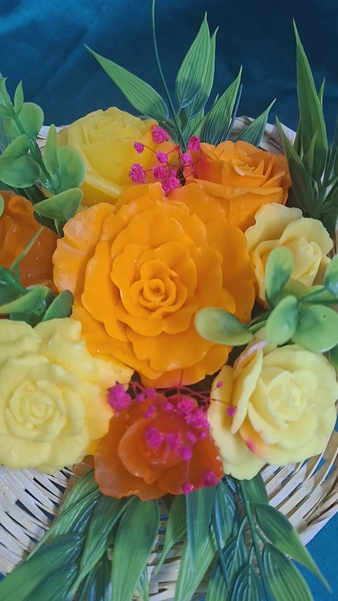 Woven Basket Floral Arrangement With Artificial Orange And Yellow Roses