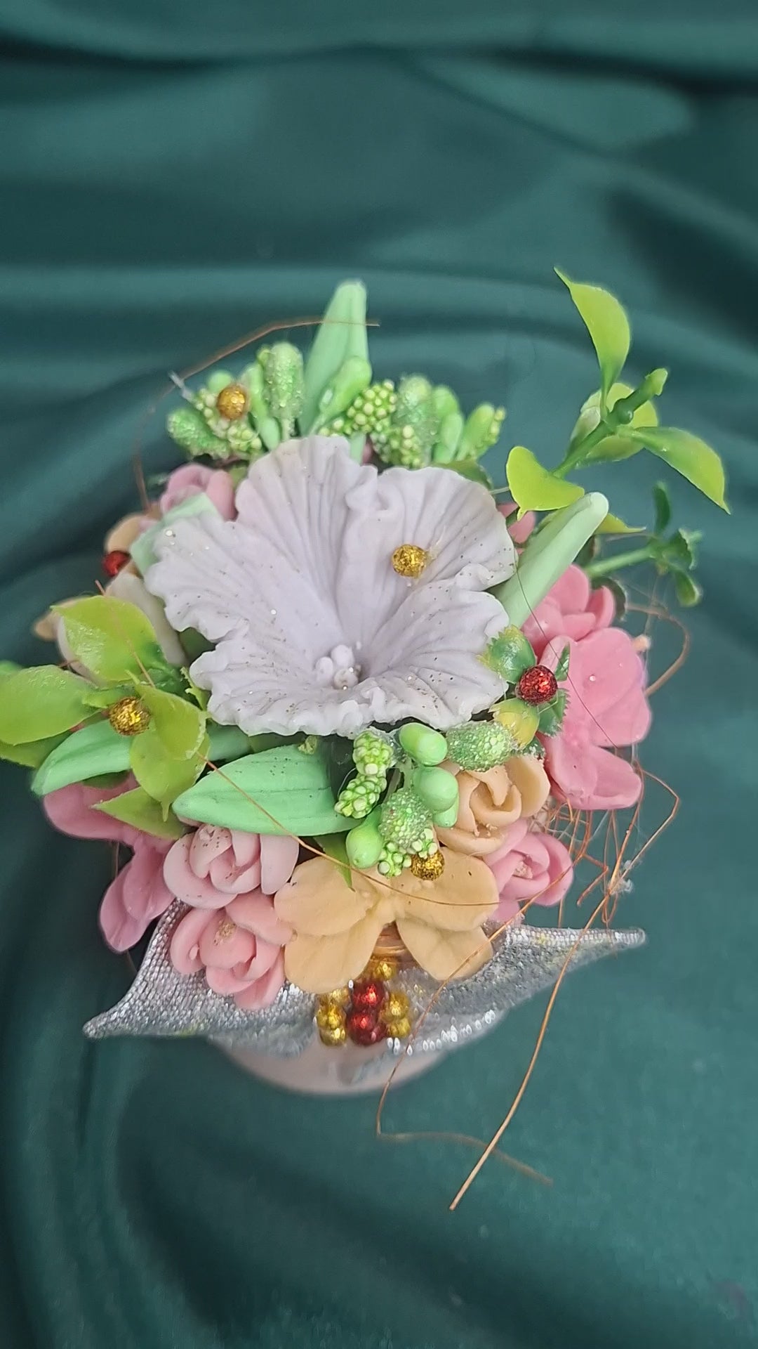 Artificial Flower Box Bouquet In Pink Container With Silver Bow Gift Box