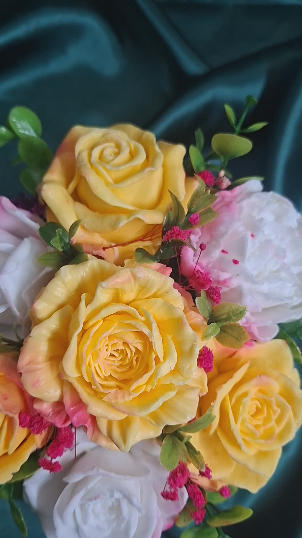 Artificial Yellow Rose And White Peony Bouquet In Red Hat Box
