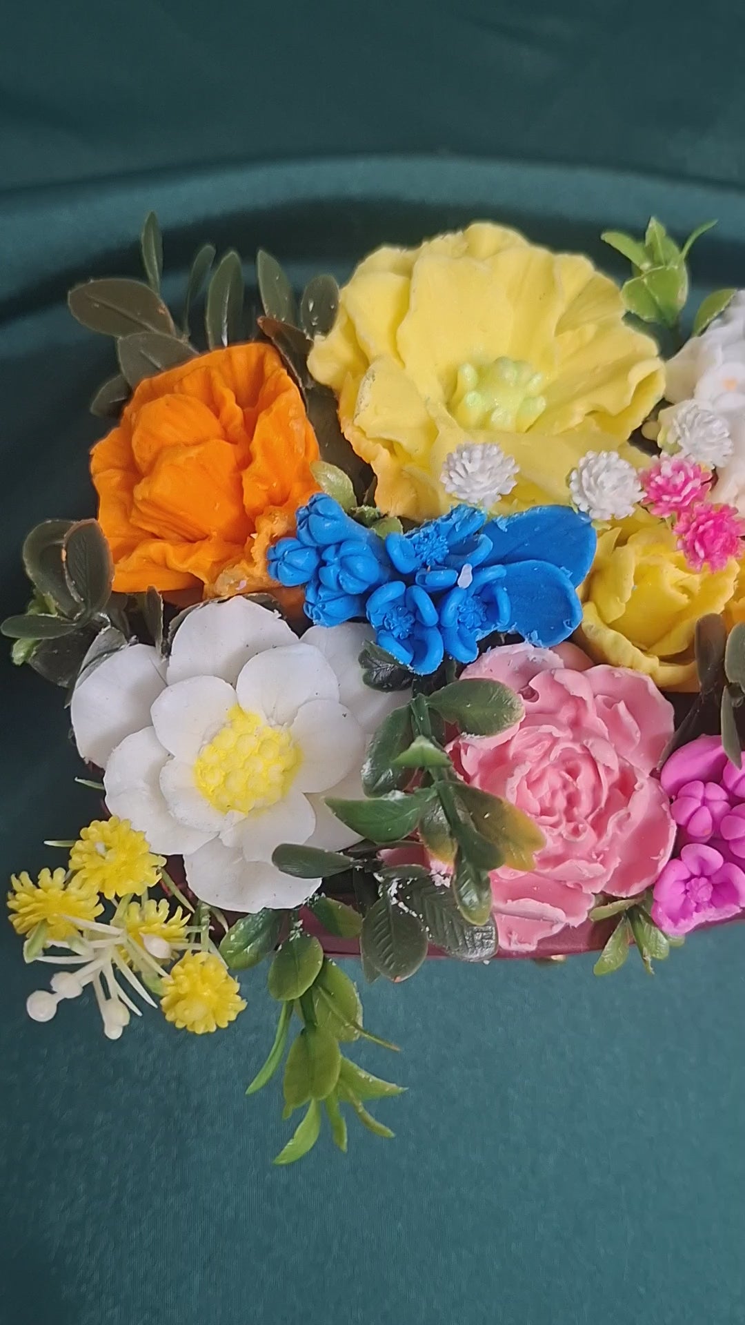 Colorful Artificial Flower Box Arrangement in Burgundy Gift Box