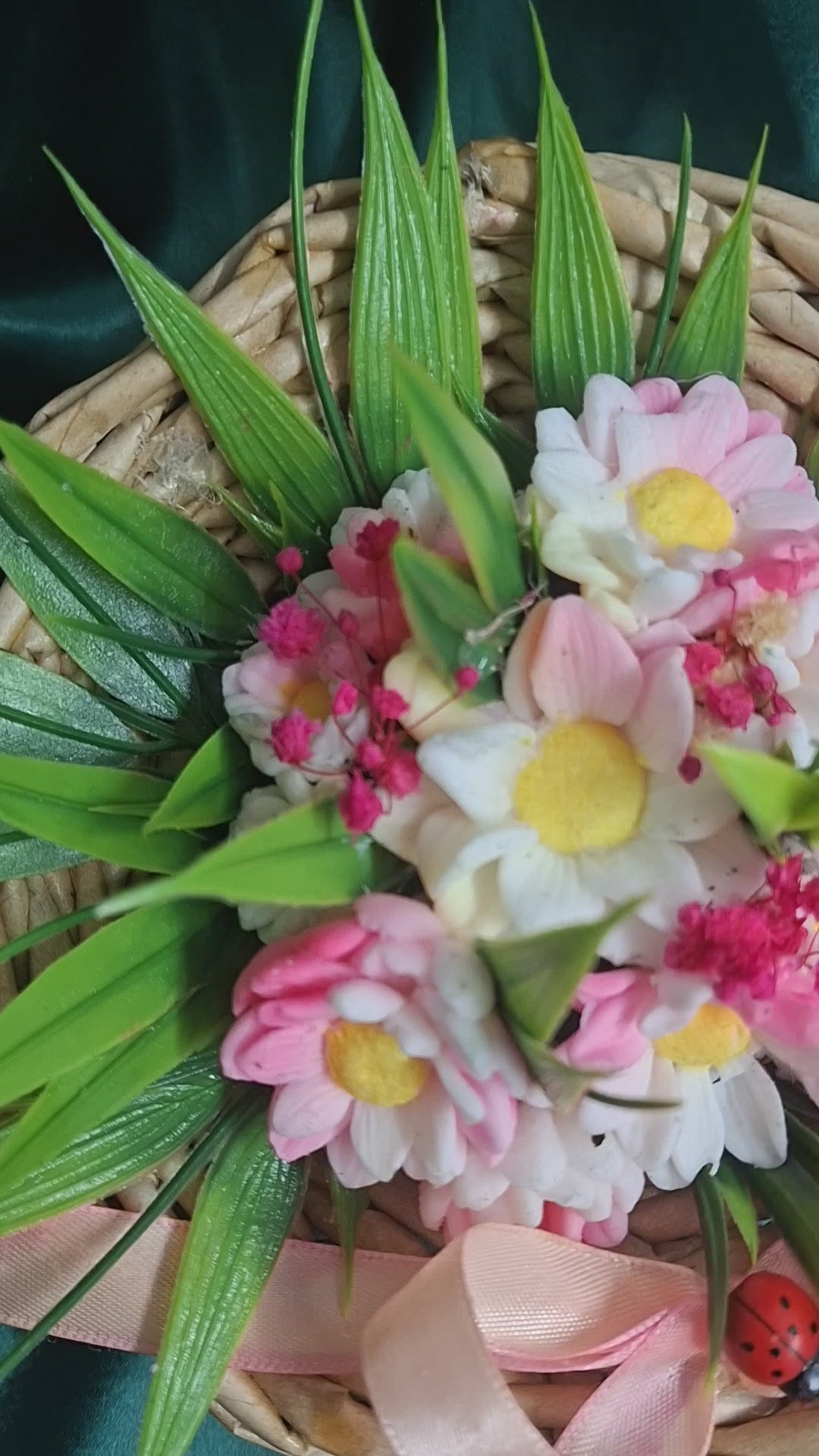 Artificial Flowering Plant In Woven Basket With Pink Ribbon Decor