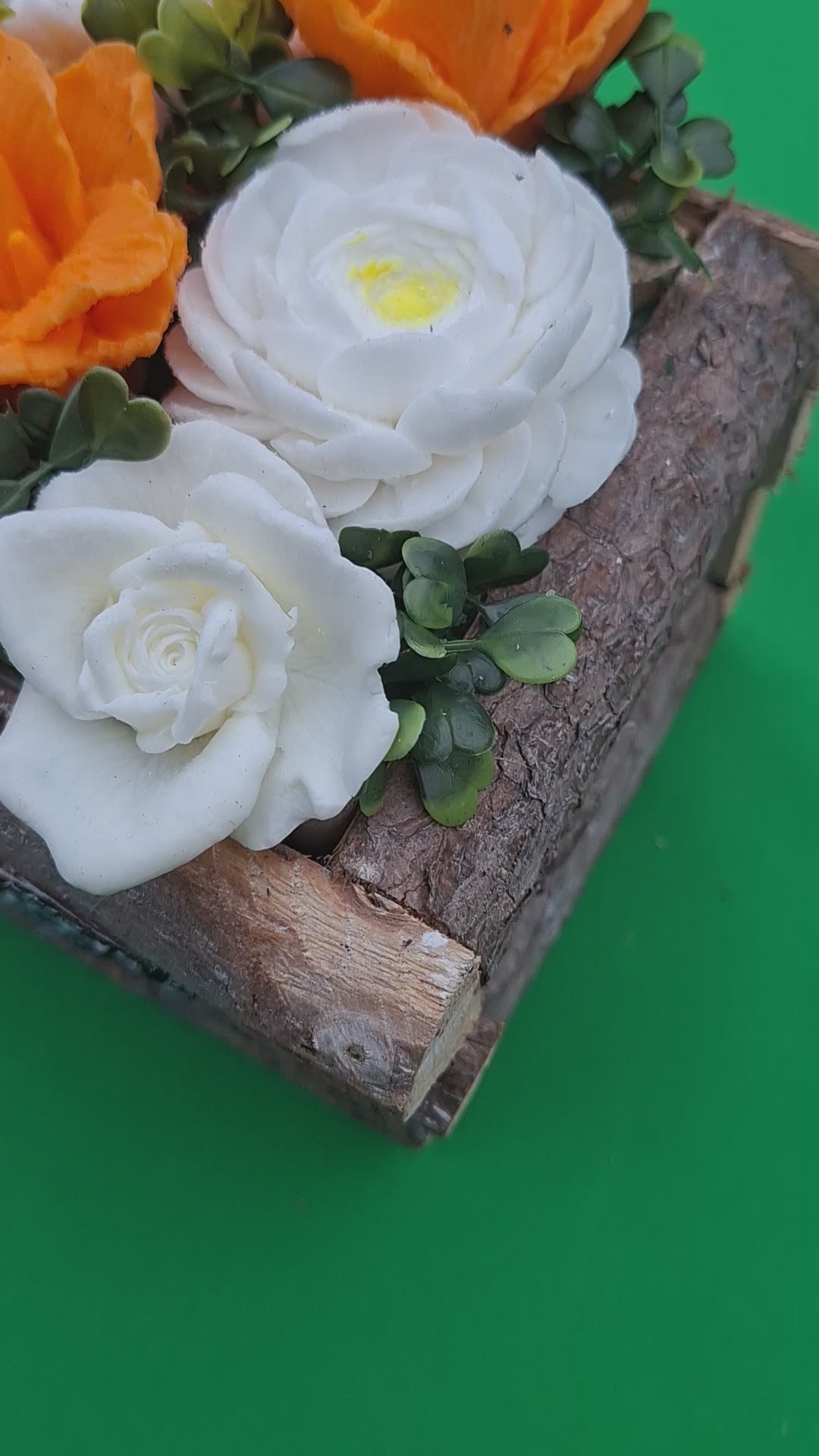 Rustic Wood Planter With Artificial Orange And White Flowers
