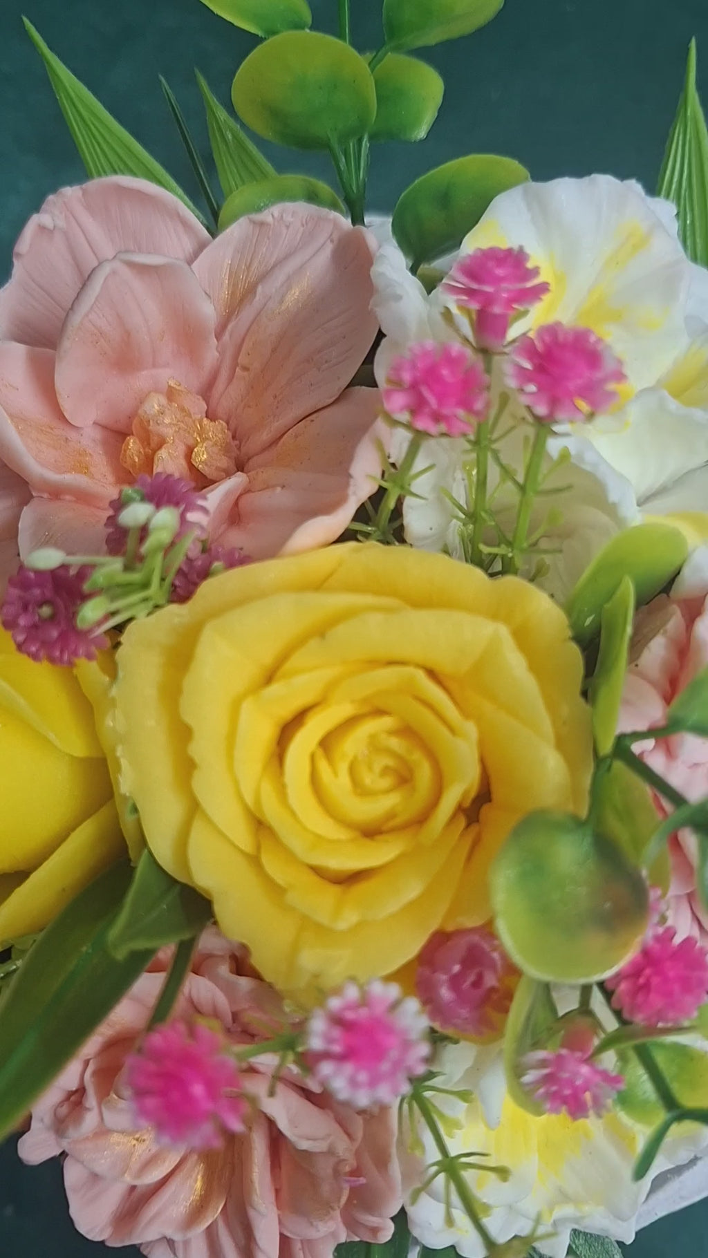 Artificial Flower Arrangement In White Woven Basket With Pink Peach Blooms