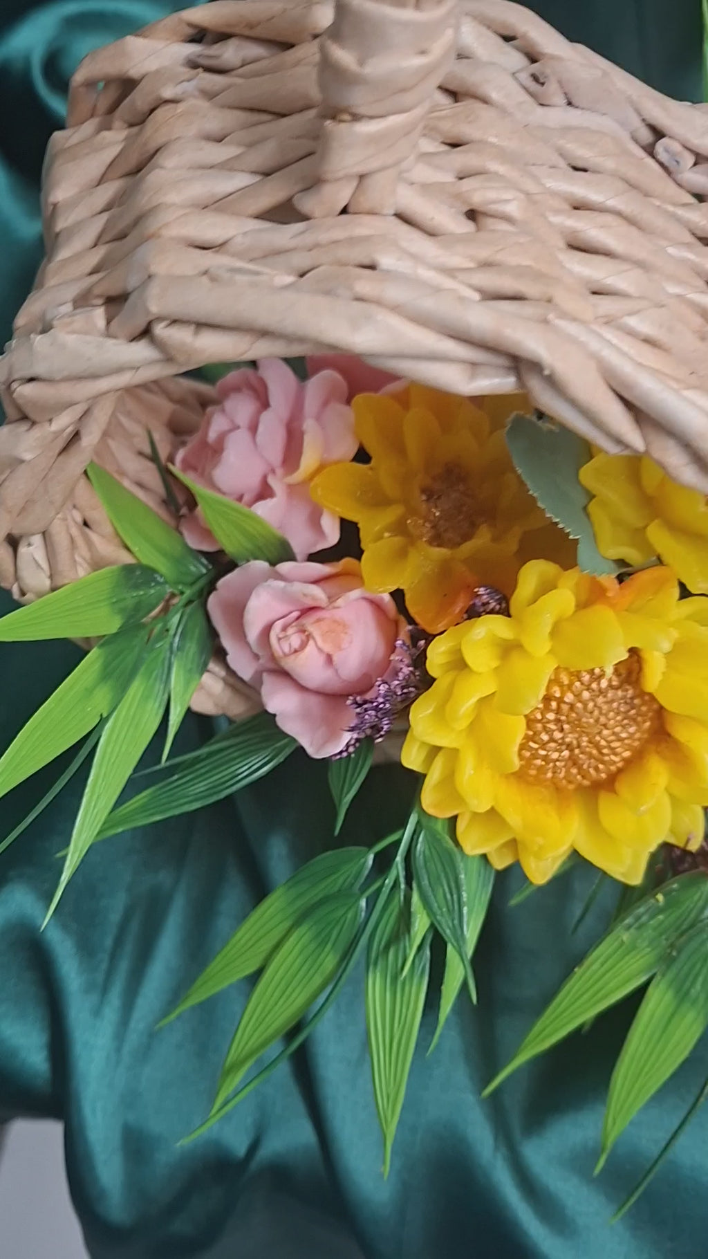 Woven Heart Basket With Artificial Sunflowers And Pink Accents