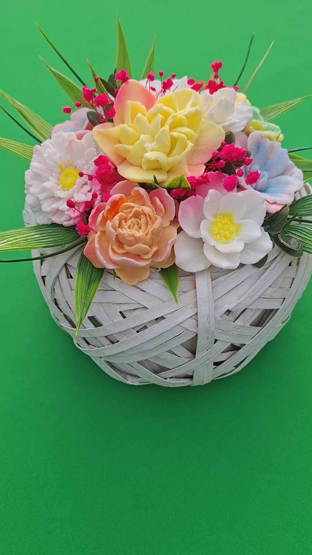 Woven Wood Basket Floral Arrangement Artificial Flowers Decor