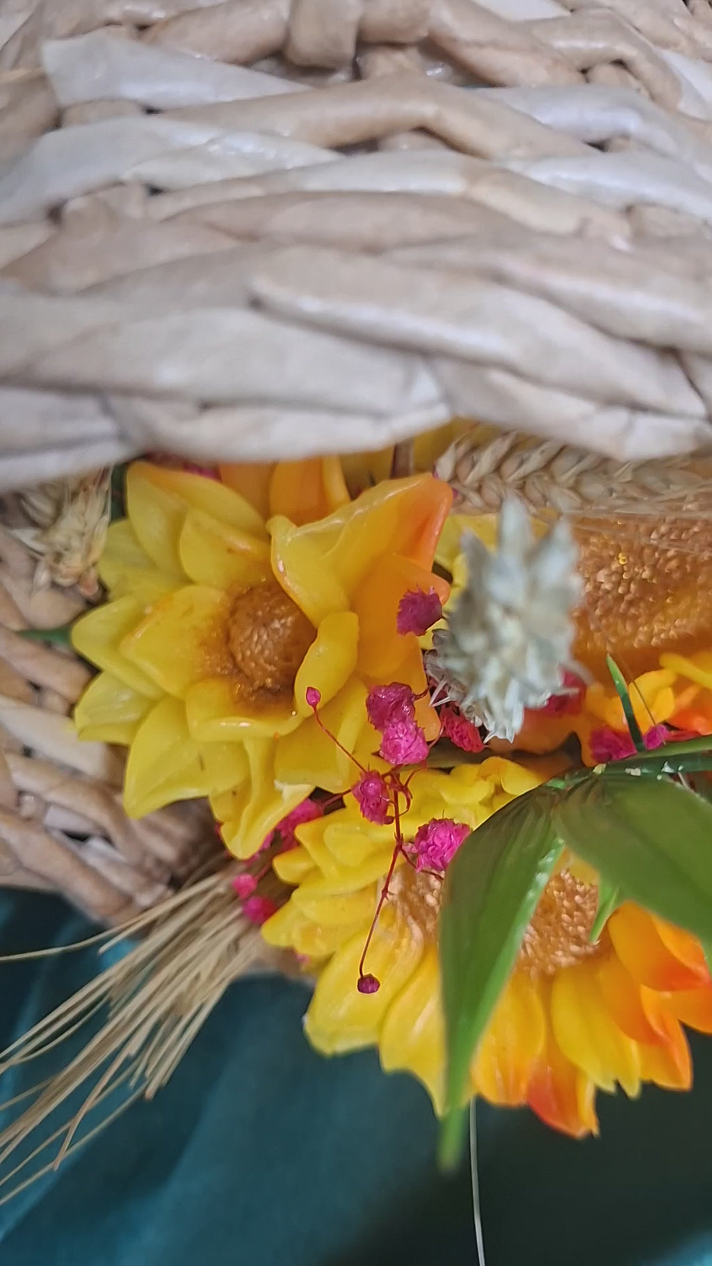 Artificial Woven Wood Basket Floral Arrangement With Sunflowers And Greenery