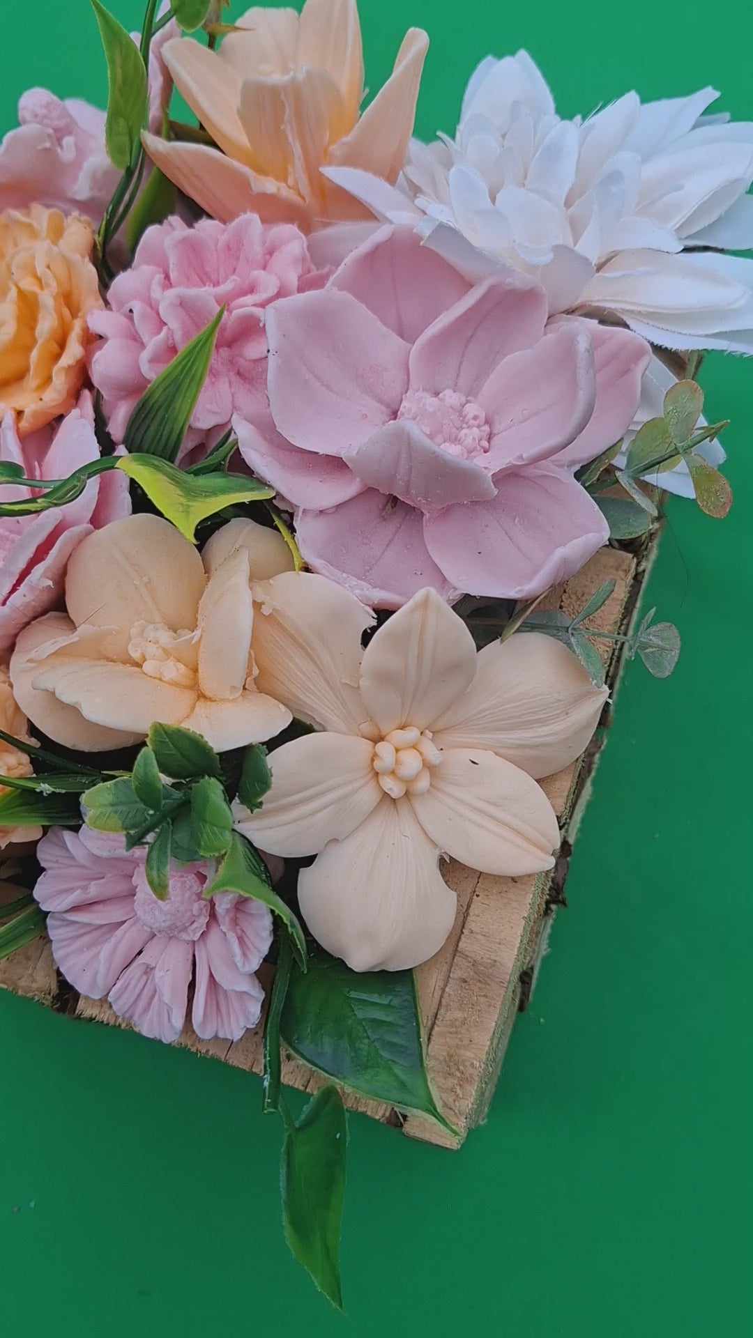 Handwoven Wood Basket Floral Arrangement With Pink Peach Flowers