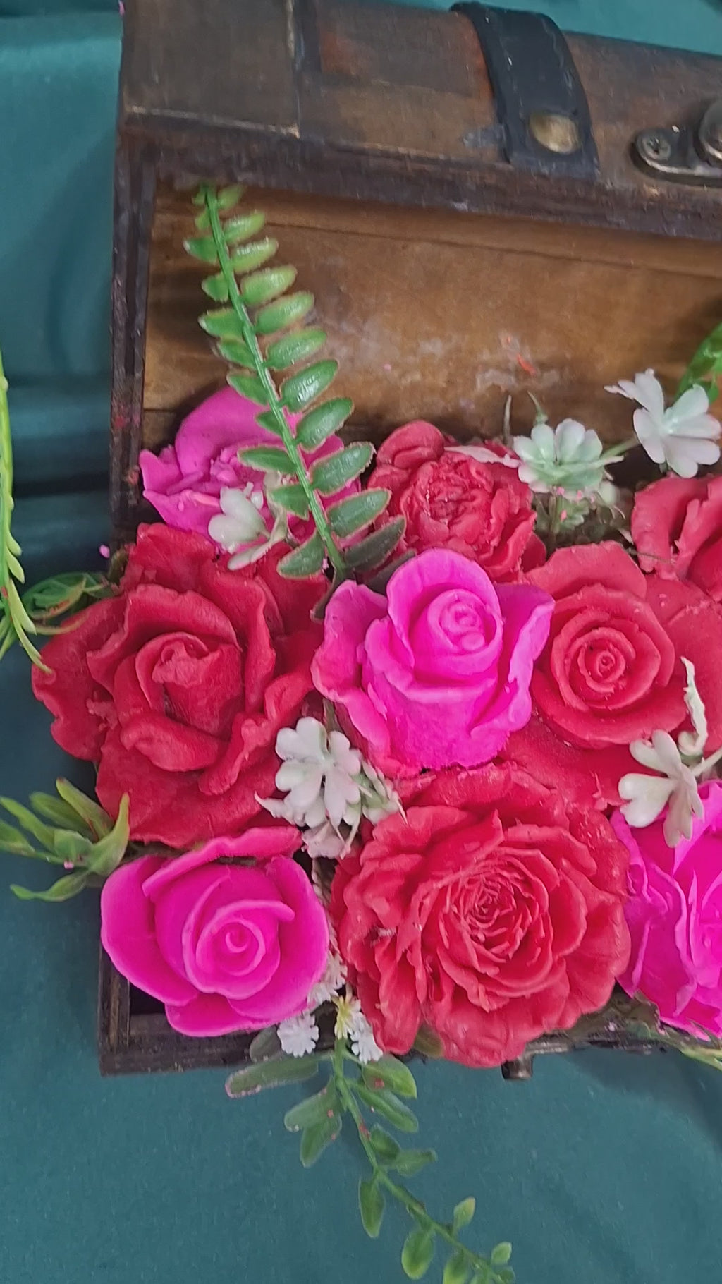 Vintage Wooden Chest Floral Arrangement Artificial Pink Red Roses Bouquet