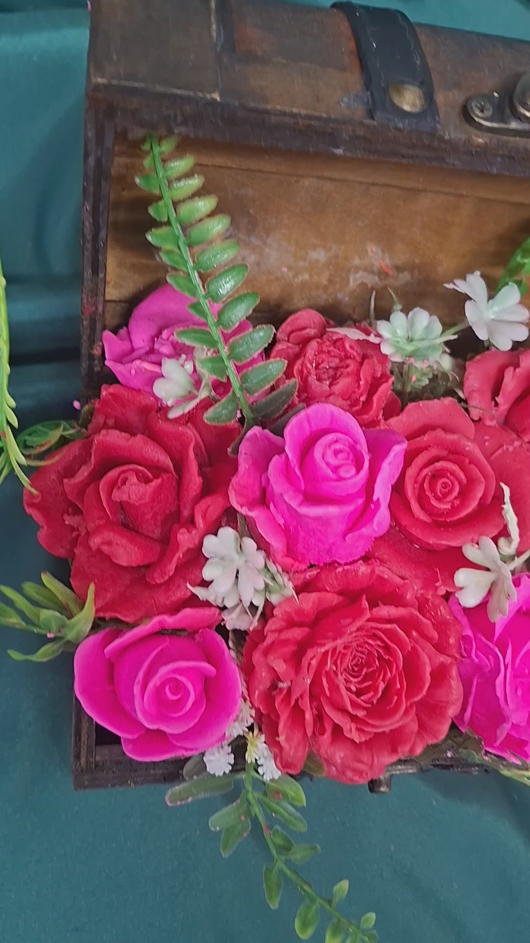Vintage Wooden Chest Floral Arrangement Artificial Pink Red Roses Bouquet