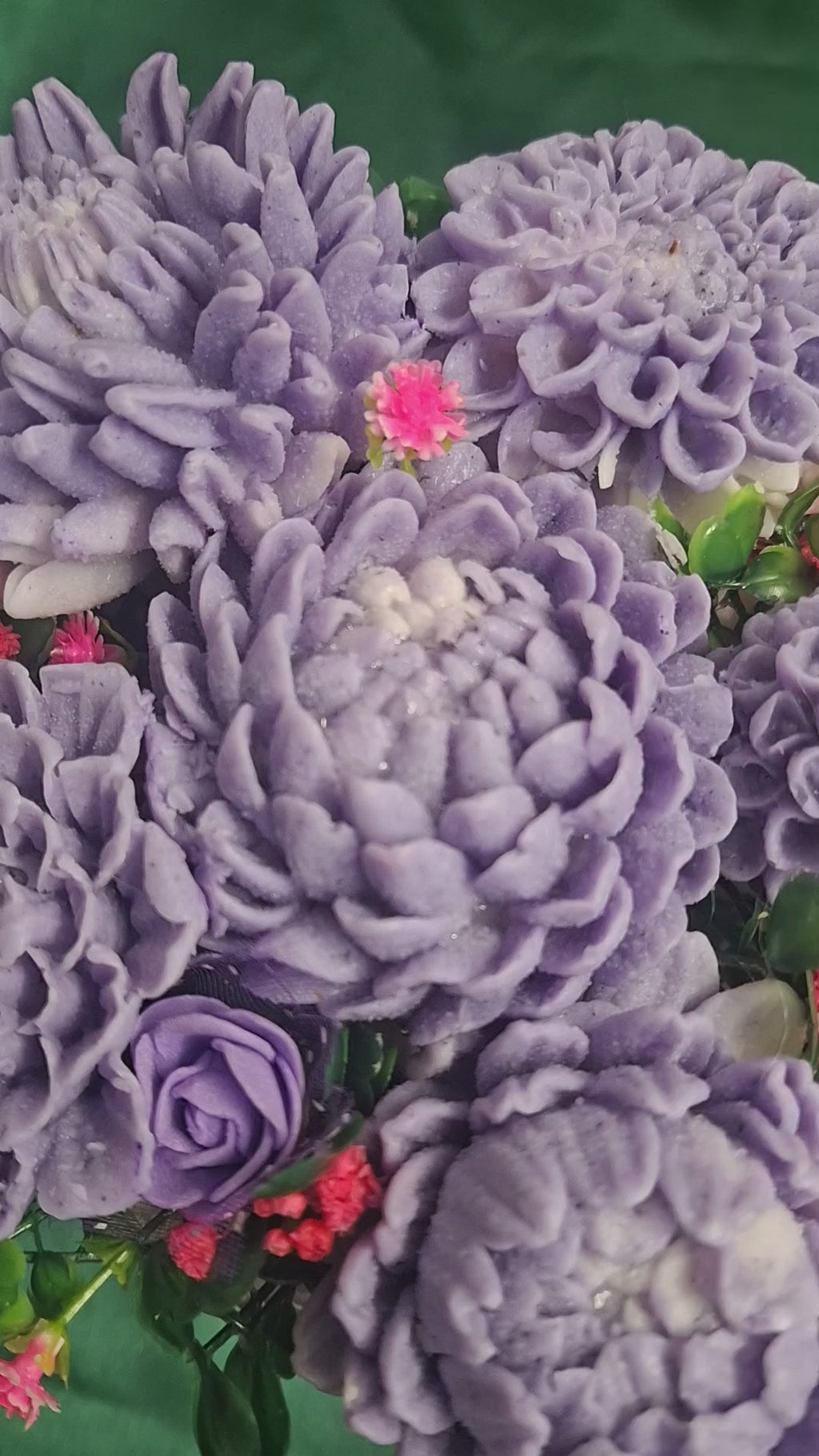 Artificial Flower Box Arrangement In Pink Lace Bucket With Purple Hydrangeas