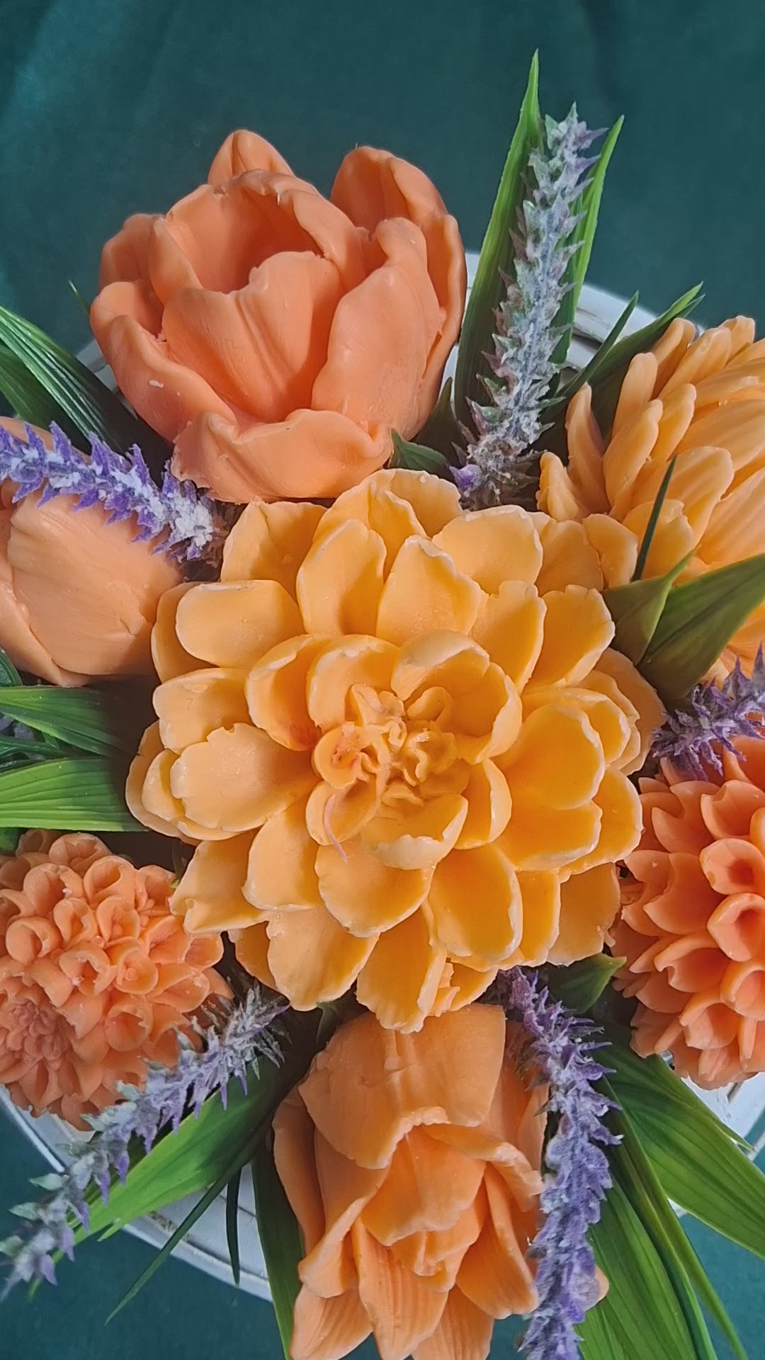 Artificial Orange Tulips And Lavender In White Woven Basket Arrangement
