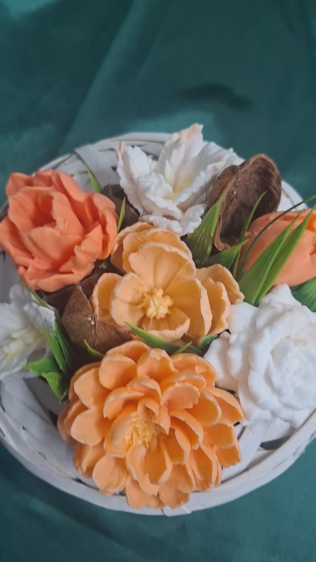 Artificial Peach and White Peony Floral Arrangement in White Woven Basket