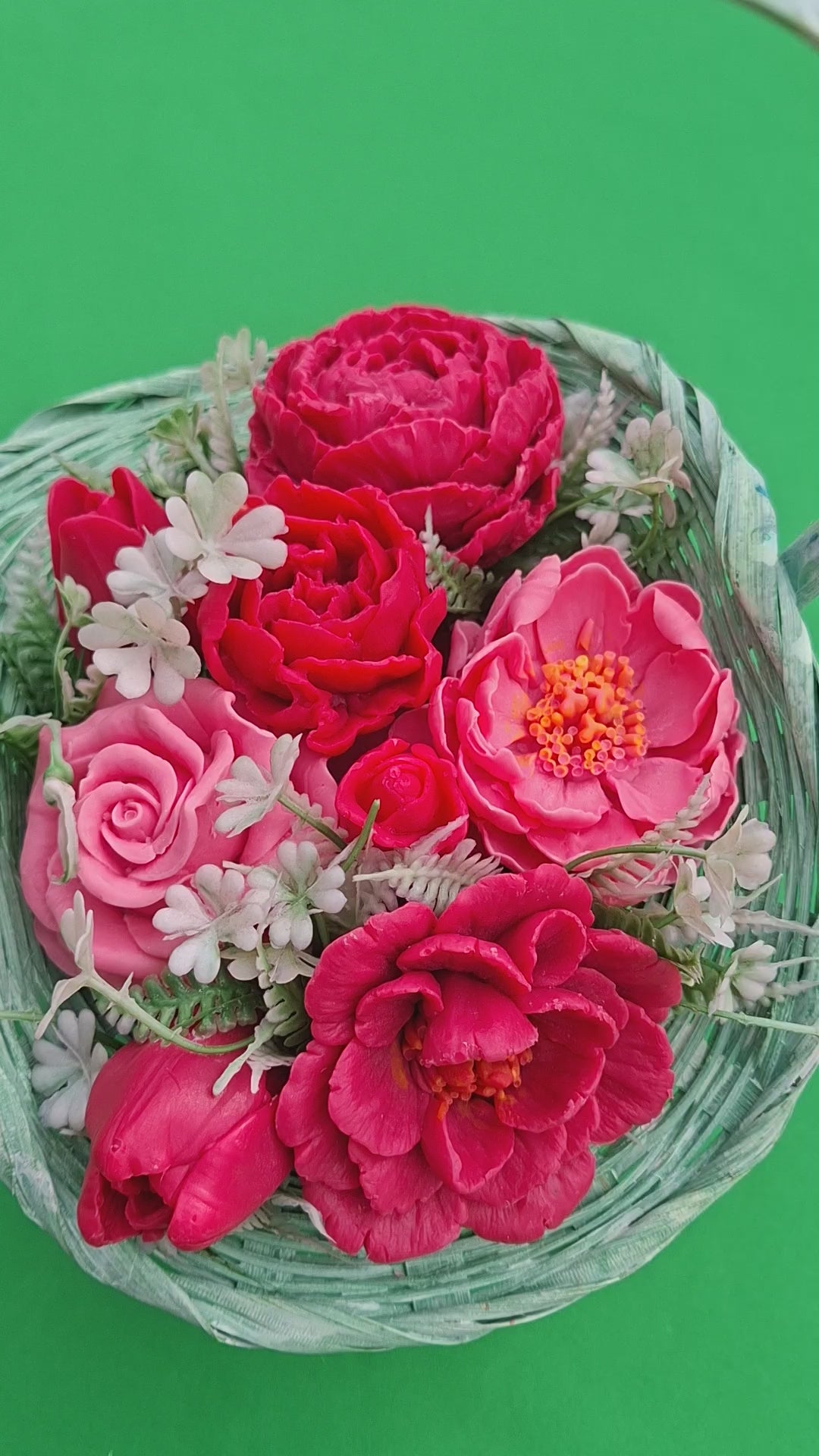 Handwoven Wicker Basket With Pink Artificial Flower Arrangement