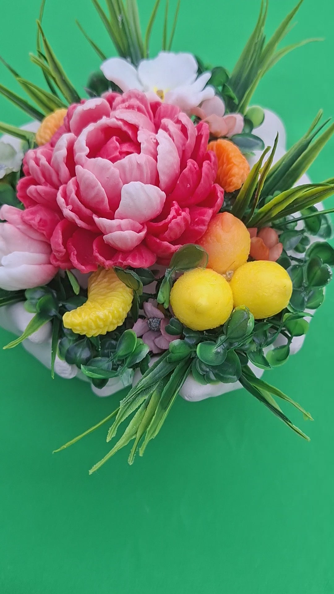 Vibrant Pink And Yellow Artificial Flower Arrangement In White Stone Base