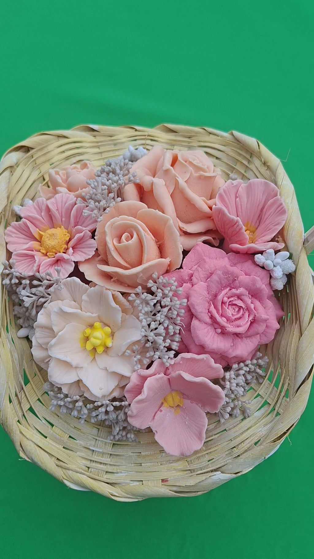 Woven Basket Floral Arrangement Artificial Pink Roses and Flowers Decor