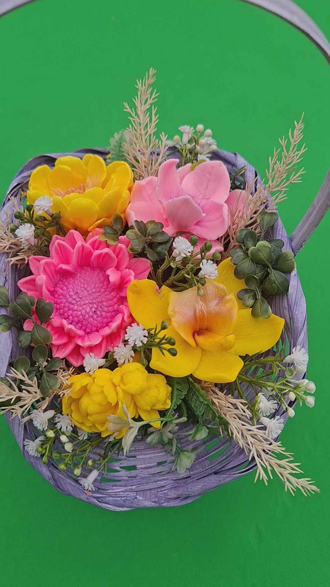Woven Wood Basket With Colorful Artificial Flowers Decor Accent